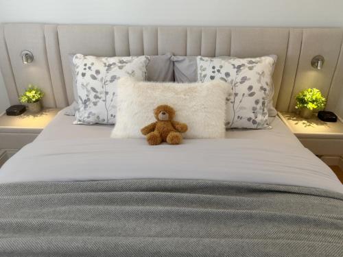 a teddy bear sitting on a bed with pillows at Sunny Bright Flat near South Park and OxfordBrooks in Oxford