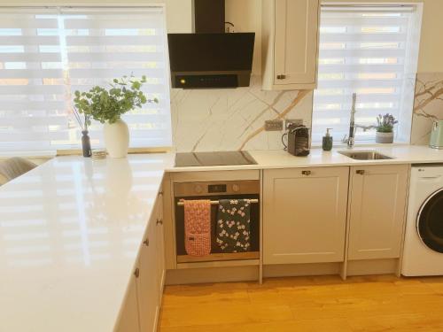 a kitchen with a sink and a counter top at Sunny Bright Flat near South Park and OxfordBrooks in Oxford