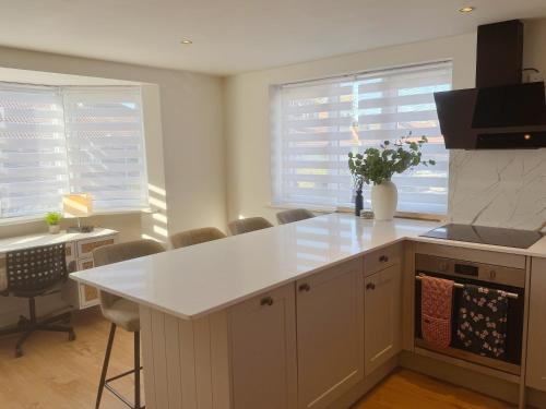 a kitchen with a white counter top and two windows at Sunny Bright Flat near South Park and OxfordBrooks in Oxford