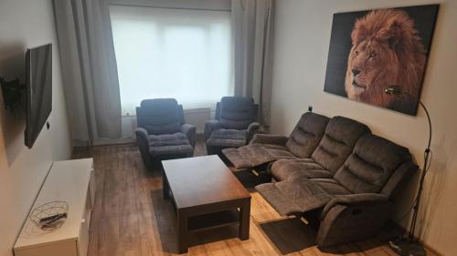 a living room with a couch and a lion on the wall at Lion Stay in Tartu