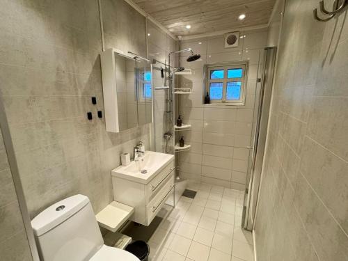 een badkamer met een toilet, een wastafel en een douche bij Spacious apartment in a quiet area in Narvik