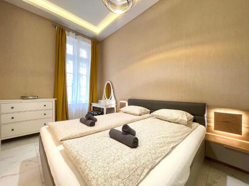 a bedroom with two beds and a mirror on the wall at 布达城堡链子桥公寓民宿 in Budapest