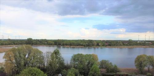 a view of a large lake with trees and clouds at Monteurwohnung SEEBLICK AUSBLICK 16356 Werneuchen bei Berlin in Werneuchen