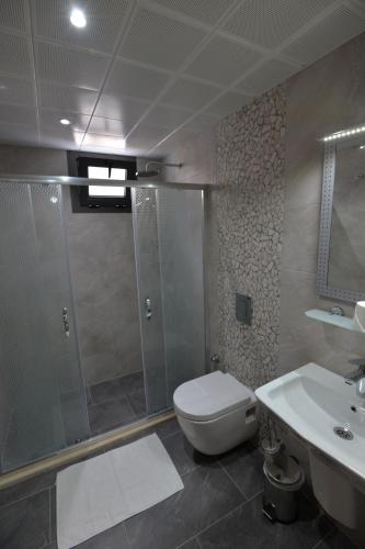 a bathroom with a shower and a toilet and a sink at Arti̇m Apart Hotel in Fethiye