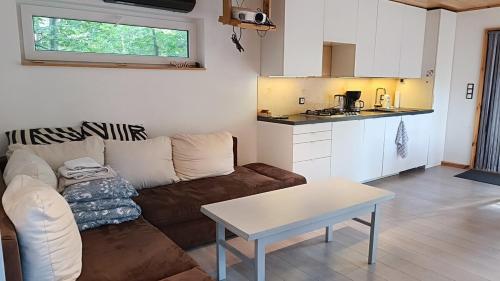 a living room with a couch and a table and a kitchen at Lukasowy domek w Puszczy Noteckiej in Biala