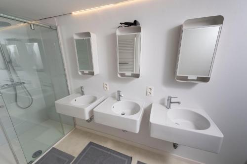 a bathroom with two sinks and a shower at Chez RG in Bruges