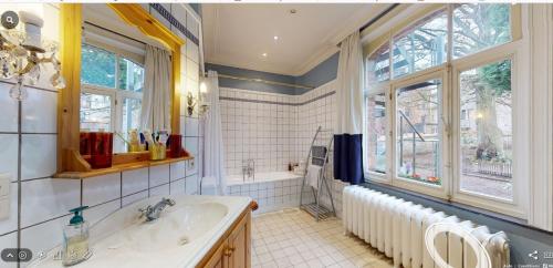 a bathroom with a tub and a sink and windows at La villa Chatorya in Spa