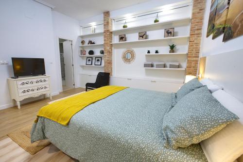 a bedroom with a bed and a television in it at Calderón de la Barca By Cuencaloft in Cuenca