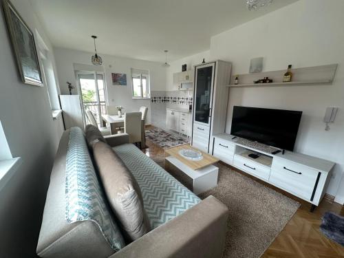 Una sala de estar con un sofá y un televisor de pantalla plana. en studio apartman elegant marinkovic, en Vrnjci