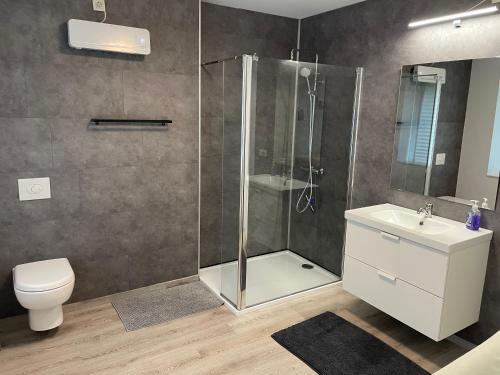 een badkamer met douche, toilet en wastafel bij L'évasion in Bouillon