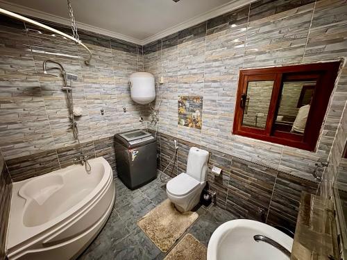 a bathroom with a sink and a toilet and a tub at Nile House in Maadi N4 in Cairo