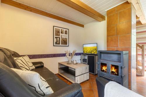 un salon avec un canapé et une cheminée dans l'établissement Holunder, à Westermarkelsdorf