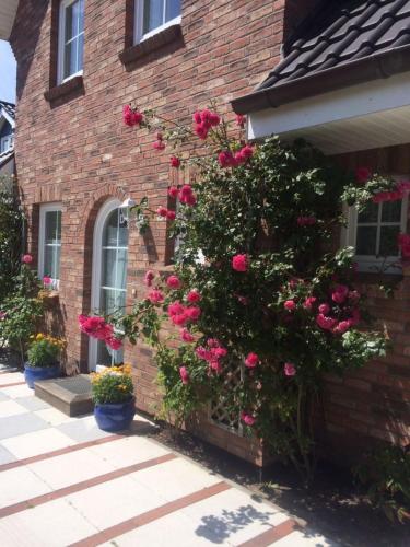 a house with pink roses on the side of it at Ferienhaus Eva in Süderende