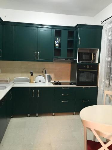 東吉墨林日的住宿－Villa Kulik，绿色的厨房配有绿色的橱柜和一张桌子