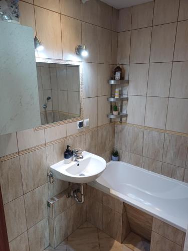 a bathroom with a sink and a tub and a mirror at Kawalerka Ikara in Wrocław