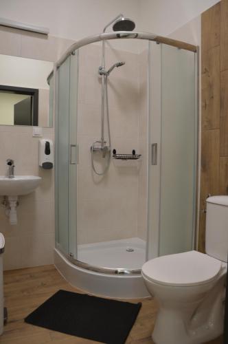 a bathroom with a shower with a toilet and a sink at Ośrodek Sportu i Rekreacji w Janowcu Wielkopolskim in Janowiec Wielkopolski