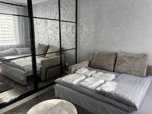 a living room with a couch and a bed at Studio Leszczyńskiego Przemyśl in Przemyśl
