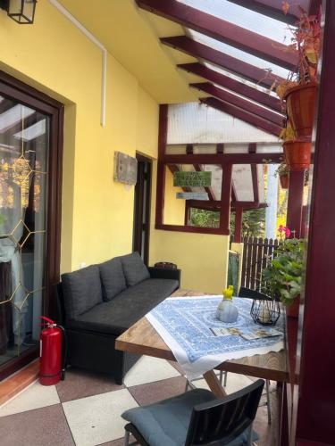 un salon avec un canapé et une table sur une terrasse dans l'établissement Casa de Vacanta Razvan si Andrei, à Sinaia