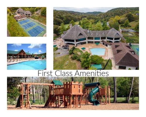 a collage of pictures of a resort with a playground at Simon's Treetop Cabin - 2 BDR in Popular Resort in Branson West