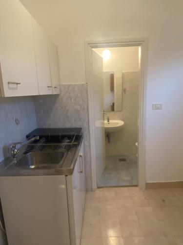 a kitchen with a sink and a bathroom with a shower at Ganzha Appart in Medulin