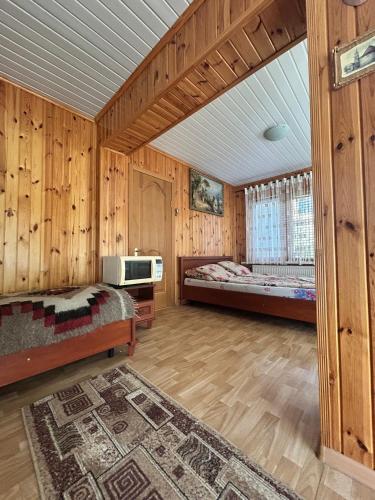 穆卡切沃Кімната студія的一间设有两张床和微波炉的房间