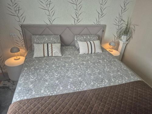 ドルスキニンカイにあるHoliday Apartments 10のベッドルーム1室(大型ベッド1台、ランプ2つ付)