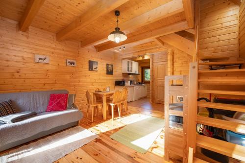 a living room and kitchen in a log cabin at Domek w ciszy i zieleni w górach w Łopusznej, przyjmujemy psy bezpłatnie, ogrodzona działka in Łopuszna