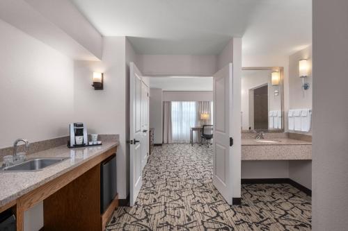 a hotel room with a sink and a bathroom at Holiday Inn Stevens Point - Convention Center by IHG in Stevens Point