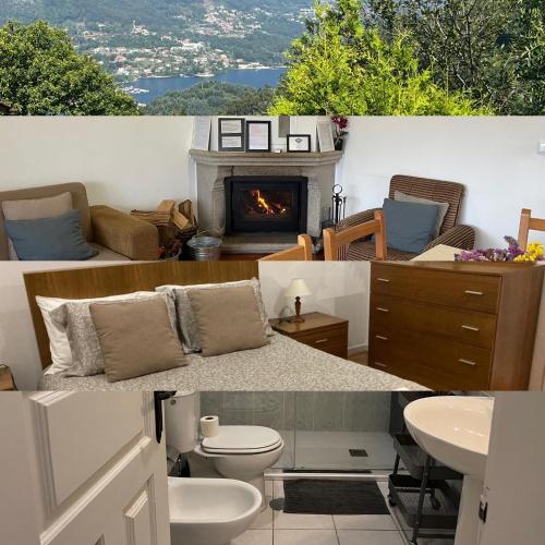 two pictures of a bathroom with a fireplace at Casa de Casarelhos - Andar da Moradia com terraço - Vistas rio - "Gerês" in Geres