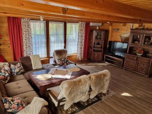 ein Wohnzimmer mit Sofa und Tisch in der Unterkunft Szczyrkowskie Historie in Szczyrk