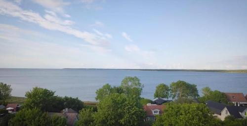 a view of a large body of water with houses and trees at Stunning Home In Lärbro With One Bedroom in Kappelshamn