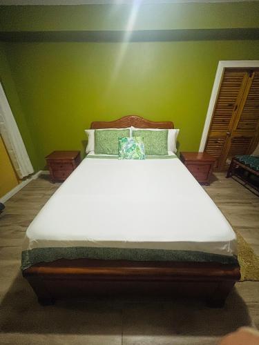 a bed in a room with a green wall at Cinnamon Cottage - Peaceful retreat in nature in Soufrière