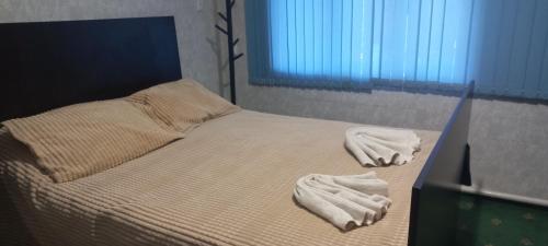 een bed met twee handdoeken erop en een raam bij Mary&George in Sectorul Botanica