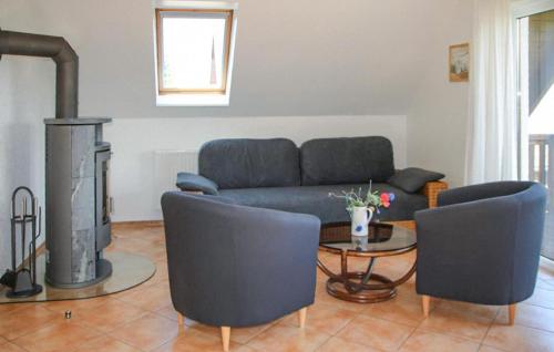 een woonkamer met een bank en een open haard bij Awesome Home In Röbel With House A Panoramic View in Marienfelde