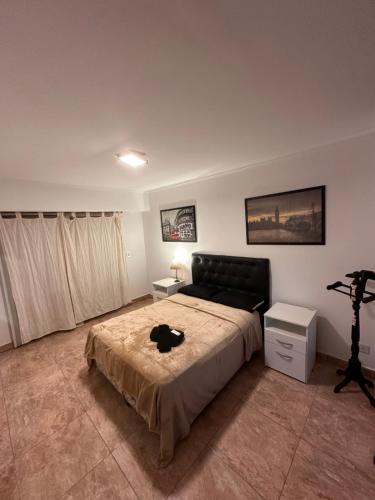 a bedroom with a bed with a black cat laying on it at Trainer Center House in Tres Arroyos