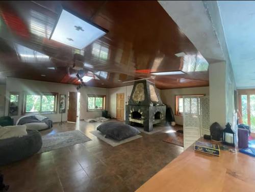 TapantíZen Villa的客厅设有壁炉和天花板