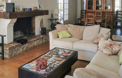 a living room with a couch and a fireplace at La Champêtre in Fayence