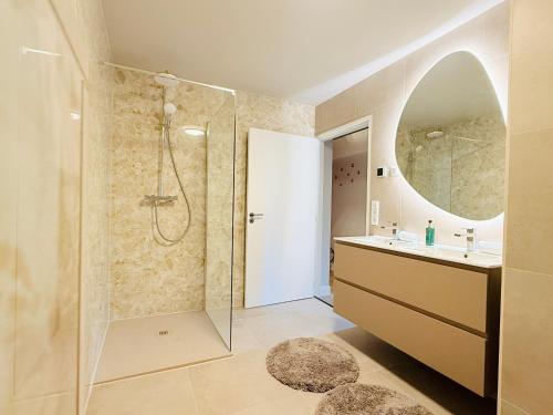 a bathroom with a shower and a sink and a mirror at De Baronie - In de winkelstraat in Breda