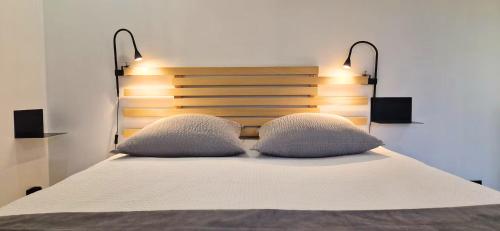 ein Bett mit zwei Kissen und zwei Leuchten drauf in der Unterkunft WOOD - Gîte meublé & confort Drôme - Écolodgîte in Laveyron