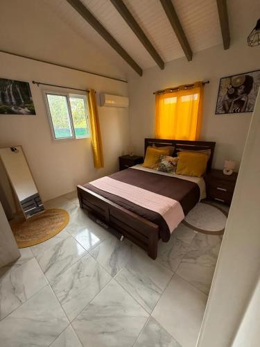 een slaapkamer met een groot bed en twee ramen bij Maison confortable à Petit-Canal avec jardin 52 m² in Petit-Canal