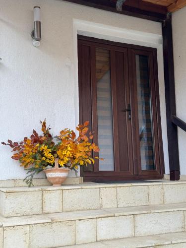 a vase of flowers sitting on a window sill next to a door at Casa Tihna in Băile Olăneşti