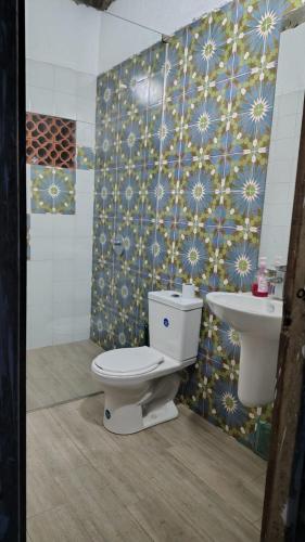 a bathroom with a toilet and a sink at Ecohotel Nativa Beach in Cartagena de Indias