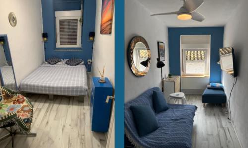 zwei Bilder eines Zimmers mit einem Bett und einer Couch in der Unterkunft Cute and characterful townhouse in Oliva