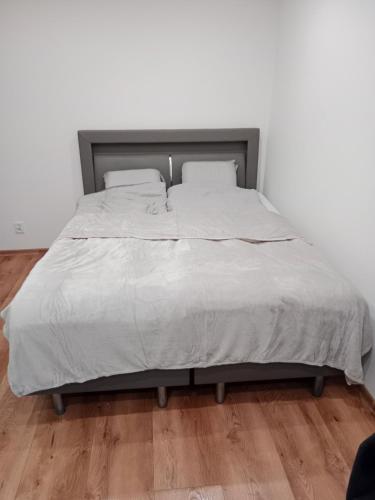 a bed in a bedroom with a white wall at Przemyśl - centrum in Przemyśl