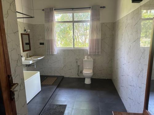 Un baño con inodoro, lavabo y ventana. en Bamboo Tree Villa, 