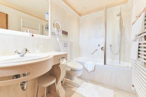 a bathroom with a sink and a toilet and a shower at Gesundheitshotel König in Grünenbach