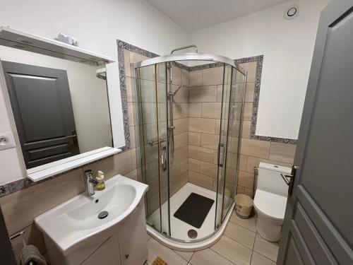 Un baño con ducha, lavabo e inodoro. en Au Pied du Chateau, en Brantome en Perigord