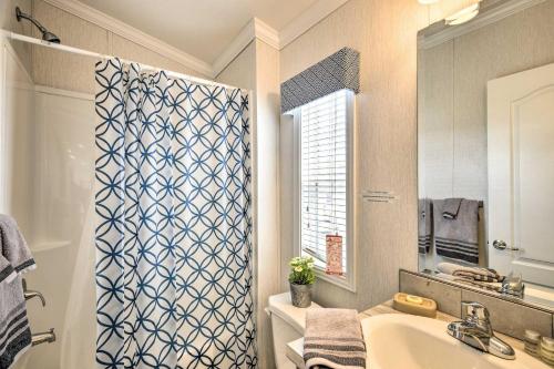 a bathroom with a sink and a shower curtain at Tranquil Trails Cabin & Suites At Equestrian House in Pleasant Mount