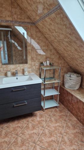 a bathroom with a sink and a mirror at Munkácsy Apartmanok in Balatonfenyves