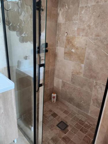 una ducha con puerta de cristal en un baño en Coquet Studio avec Jardin à Ballan-Miré, en Ballan-Miré